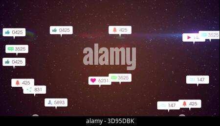 Floating cluster of speech-bubble icons hovering in cosmic starfield with lens flare, heart counts Stock Photo