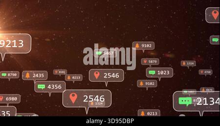 Floating notification bubble displaying 2546 drifting in dark data-space, with red map-pin icons Stock Photo