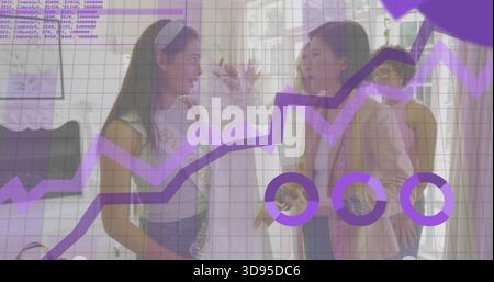 Discussing three women holding white dress in bright shop with tape, light blazer, purple overlay Stock Photo
