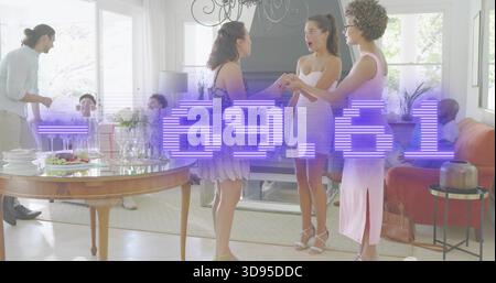 Talking three women in light dresses holding hands, surprised in bright living room, purple overlay Stock Photo