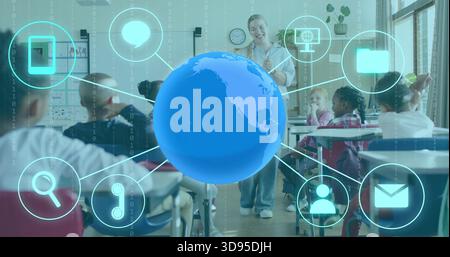 Hovering blue 3D globe over elementary class, linking icons as teacher in blouse and jeans speaking Stock Photo