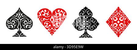 Casino poker card suit ornaments or gamble game card decks of clubs, hearts and diamonds or spades, vector icons. Casino poker card suits with ornate ornament for jackpot and gambling game design Stock Vector