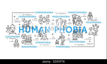 Psychology problems, human phobia icons, mental health vector outline ...
