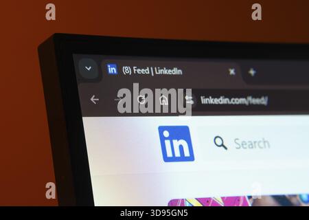 Dhaka, Bangladesh- 02 June 2025: Close-up of a computer screen displaying the LinkedIn web interface in dark mode Stock Photo