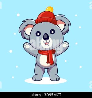 Cute Koala Bear in Winter Hat and Scarf Waving Vector Illustration Cartoon Design Stock Vector