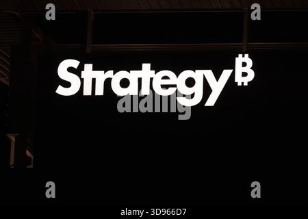 Strategy Inc Corporate Logo Illuminated At Night On Headquarters Building In Tysons Corner Virginia Stock Photo
