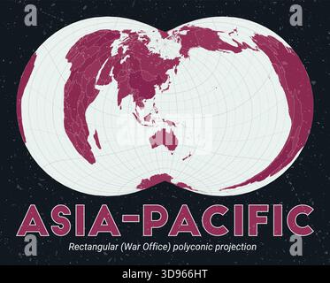 Asia-Pacific. World map. Rectangular (War Office) polyconic projection centered on Asia-Pacific. Pale Mint Dark Pink palette. Vintage texture. Stock Vector