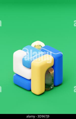 A vibrant 3D cube with multiple colors positioned on a green background, representing a digital geometric shape Stock Photo