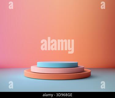 3D empty circular podium in pastel blue, pink, and coral on warm orange, pink gradient background, clean minimalist stage product display mockups. mod Stock Vector