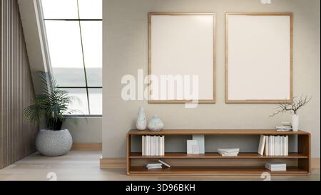 White blank frames hanging over wooden bookshelf at the end of corridor or hallway with pot plant under slope window. 3D Rendering, 3D Illustration. Stock Photo