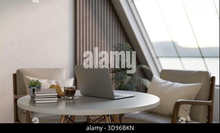 Laptop with coffee and breads aside books on white round table with armchair in living room or cafe. Working or Study, 3d Rendering, 3d illustration. Stock Photo
