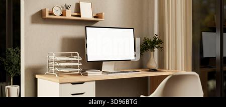 White screen computer and book on wooden drawer table and chair in glass wall bedroom or living room. Study or Working, 3D Rendering, 3D Illustration. Stock Photo