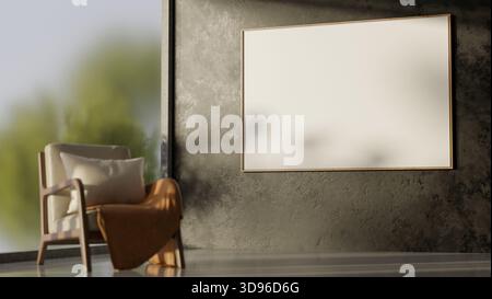 Wooden armchairs and blank frame on cement wall in a empty gallery room with sunlight through glass wall. Loft Interior, 3D Rendering, 3D Illustration Stock Photo