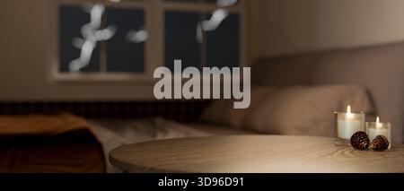 Flaming aroma candles in glass cup and decorative acorns on round wooden table in a dim lit bedroom. Rest and relaxing, 3D Rendering, 3D Illustration. Stock Photo