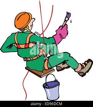 An illustration of a worker in a hard hat and green uniform painting while suspended by ropes, holding a brush with purple paint Stock Vector
