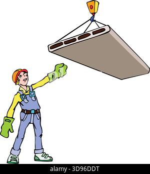 An illustration of a worker in a hard hat and blue overalls directing a crane lifting a large concrete slab. Stock Vector
