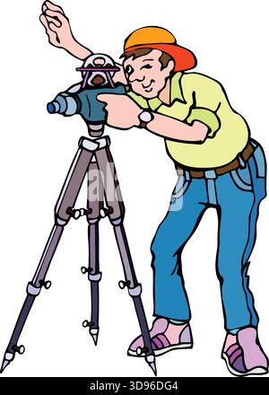 An illustration of a surveyor in a hard hat and yellow shirt using a theodolite on a tripod to measure land Stock Vector