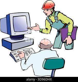 An illustration of a worker in a hard hat and overalls discussing plans with an engineer at a computer Stock Vector