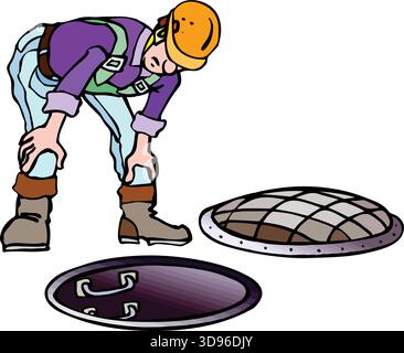 An illustration of a worker in a hard hat and purple shirt inspecting an open manhole, with another manhole cover nearby Stock Vector
