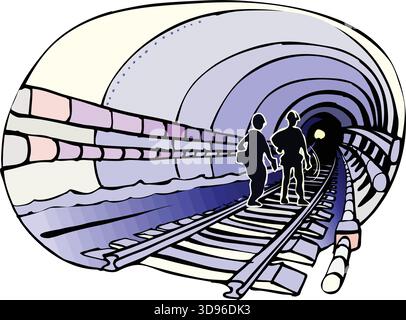 An illustration of two workers walking through a tunnel under construction, with rail tracks on the ground Stock Vector