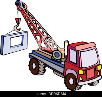 An illustration of a red crane truck lifting a large window frame with its hook and cables Stock Vector