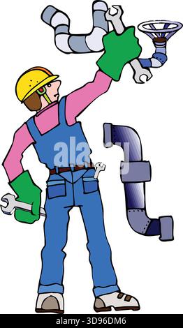 An illustration of a plumber in a hard hat and blue overalls working on a set of pipes, holding a wrench in each hand. Stock Vector