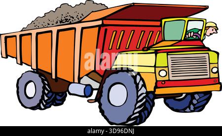 An illustration of a dump truck with a red bed hauling a load of gravel, driven by a worker in a hard hat Stock Vector