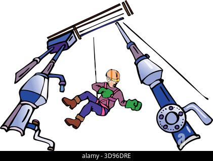 An illustration of a worker in a hard hat and purple uniform suspended by ropes between two large construction beams Stock Vector