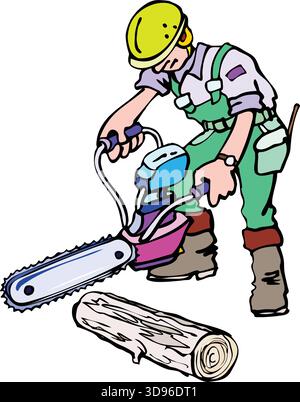 An illustration of a worker in a hard hat and green overalls using a chainsaw to cut a piece of wood. Stock Vector