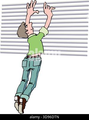 An illustration of a worker in a green shirt and blue jeans installing a set of horizontal blinds. Stock Vector