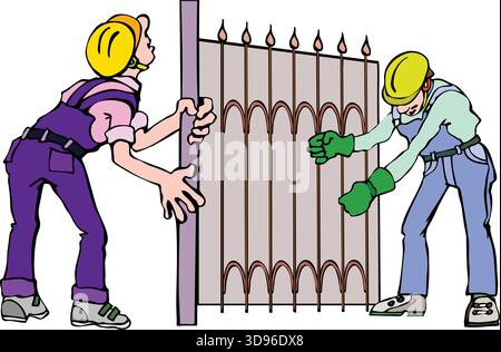 An illustration of two workers in hard hats installing an ornate fence with white posts and decorative railings Stock Vector