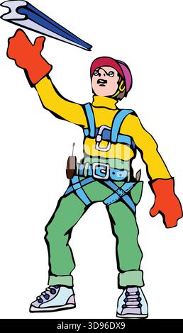 An illustration of a worker in a pink hard hat and yellow shirt signaling with a large wrench, wearing a safety harness Stock Vector