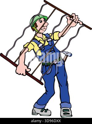 An illustration of a worker in a green hard hat and blue overalls carrying a wooden ladder with tangled cables draped over it Stock Vector