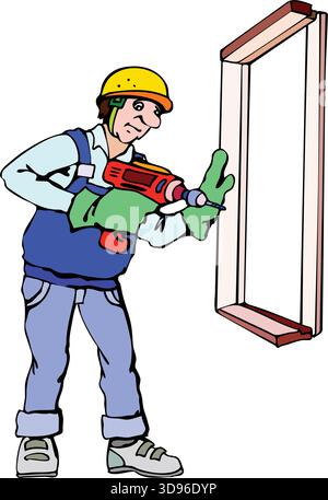An illustration of a worker in a yellow hard hat and blue overalls drilling into a wooden window frame Stock Vector