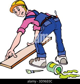 An illustration of a worker in a hard hat and blue overalls working on a wooden plank, with a can of green paint spilled nearby Stock Vector