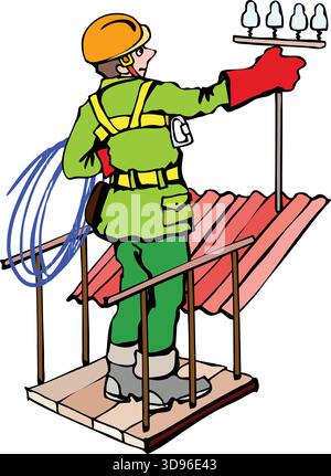 An illustration of a worker in an orange hard hat and green uniform standing on scaffolding, working with electrical equipment Stock Vector
