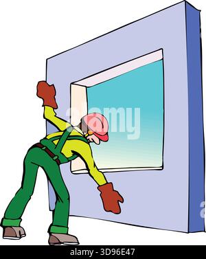 An illustration of a worker in a pink hard hat and yellow shirt installing a large window frame into a wall Stock Vector