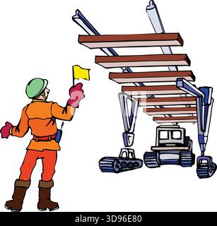 An illustration of a worker in a green hard hat and orange uniform Directing construction a railway Stock Vector
