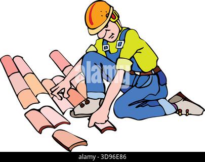 An illustration of a worker in an orange hard hat and blue overalls sorting through a pile of roof tiles Stock Vector