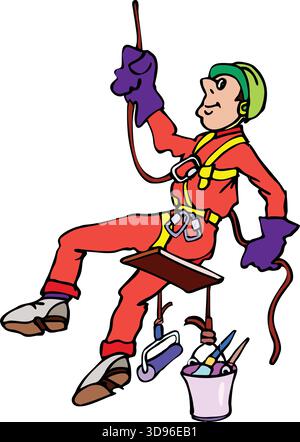 a worker in a hard hat and uniform suspended in a harness, equipped with a bucket of tools including a paint roller and brush Stock Vector