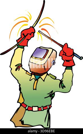 An illustration of a welder a welder in a uniform and protective welding helmet, holding two torches emitting bright sparks Stock Vector