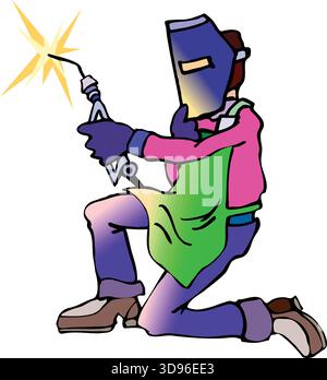 An illustration of a welder wearing a apron and protective welding helmet, using a torch that emits bright sparks Stock Vector