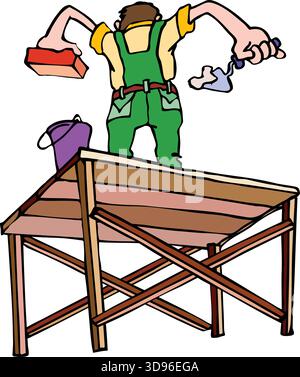 a worker in overalls and a shirt standing on wooden scaffolding, holding a brick in one hand and a trowel with mortar in the other Stock Vector