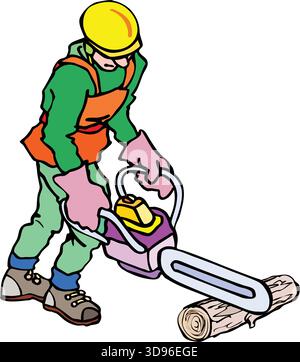 An illustration of a worker in a hard hat and uniform, wearing an safety vest and gloves, using a chainsaw to cut a wooden log Stock Vector