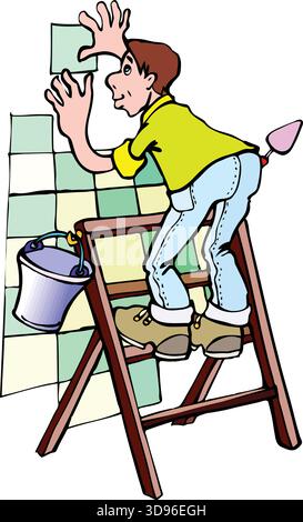 An illustration of a worker in a shirt and jeans, standing on a wooden ladder, tiling a wall with green and white tiles Stock Vector