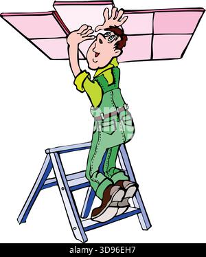 a worker in overalls and a shirt, standing on a ladder, installing a ceiling panel with a grid pattern Stock Vector