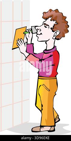 An abstract vector illustration shows a Repair worker laying ceramic wall tile in a cartoon style Stock Vector