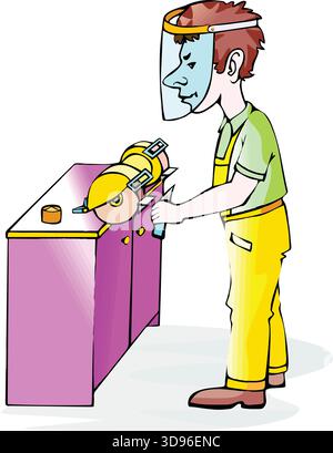 a worker in overalls and a shirt, wearing a safety shield while using a circular saw on a workbench Stock Vector