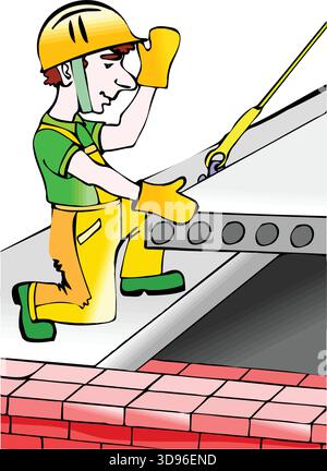 a worker in a hard hat and shirt, wearing gloves, installing a gutter with a blue tool on a brick building Stock Vector