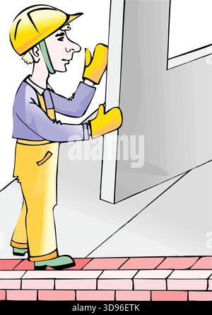 An illustration of a worker in a hard hat and shirt, wearing yellow gloves, installing a door against a brick wall Stock Vector